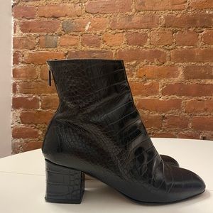 TAMARA MELLON CROC EMBOSSED GENUINE LEATHER BLACK ANKLE BOOTS